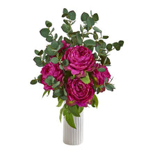 Load image into Gallery viewer, Peony and Eucalyptus Artificial Arrangement in White Vase
