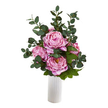 Load image into Gallery viewer, Peony and Eucalyptus Artificial Arrangement in White Vase
