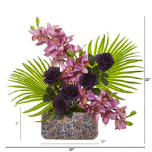 Load image into Gallery viewer, Cymbidium Orchid, Rose and Fan Palm Artificial Arrangement
