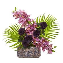 Load image into Gallery viewer, Cymbidium Orchid, Rose and Fan Palm Artificial Arrangement
