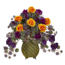Load image into Gallery viewer, Rose and Gloxinia Artificial Arrangement in Metal Vase

