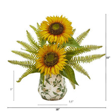 Load image into Gallery viewer, Sunflower and Fern Artificial Arrangement in Vase
