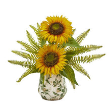 Load image into Gallery viewer, Sunflower and Fern Artificial Arrangement in Vase
