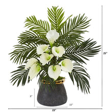 Load image into Gallery viewer, Calla Lilly and Areca Palm Artificial Arrangement in Stoneware Vase
