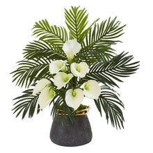 Load image into Gallery viewer, Calla Lilly and Areca Palm Artificial Arrangement in Stoneware Vase
