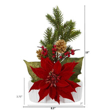 Load image into Gallery viewer, Poinsettia, Berry and Pine Artificial Arrangement in White Vase
