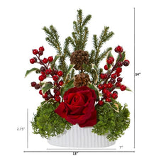 Load image into Gallery viewer, Rose, Holly Berry, Pine &amp; Pinecone Artificial Arrangement in White Vase

