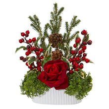 Load image into Gallery viewer, Rose, Holly Berry, Pine &amp; Pinecone Artificial Arrangement in White Vase
