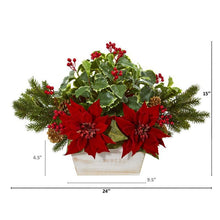 Load image into Gallery viewer, 24" Poinsettia, Holly, Berry and Pine Artificial Arrangement in Planter
