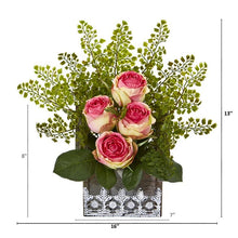 Load image into Gallery viewer, 13" Rose and Maiden Hair Artificial Arrangement in Hanging Floral Design House Planter
