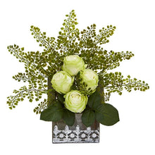 Load image into Gallery viewer, 13" Rose and Maiden Hair Artificial Arrangement in Hanging Floral Design House Planter
