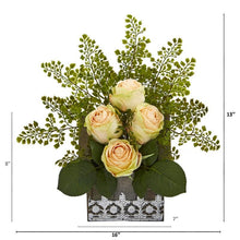 Load image into Gallery viewer, 13" Rose and Maiden Hair Artificial Arrangement in Hanging Floral Design House Planter
