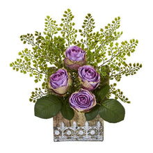 Load image into Gallery viewer, 13" Rose and Maiden Hair Artificial Arrangement in Hanging Floral Design House Planter
