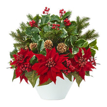 Load image into Gallery viewer, 18" Poinsettia, Holly Leaf and Pine Artificial Arrangement in White Vase
