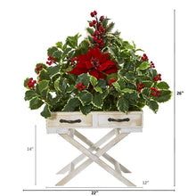 Load image into Gallery viewer, 26" Poinsettia and Holly Berry Artificial Arrangement in Drawer Planter
