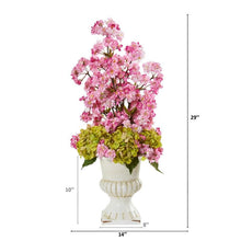 Load image into Gallery viewer, 29" Hydrangea and Cherry Blossom Artificial Arrangement in White Urn
