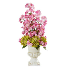 Load image into Gallery viewer, 29" Hydrangea and Cherry Blossom Artificial Arrangement in White Urn
