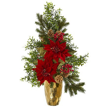 Load image into Gallery viewer, 25" Poinsettia, Boxwood and Pine Artificial Arrangement in Gold Vase

