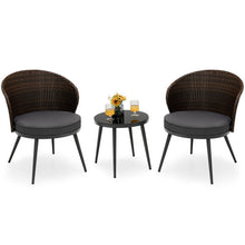 Load image into Gallery viewer, 3 Pieces Patio Rattan Bistro Set with 2 Seat Cushions and Tempered Glass Tabletop-Brown
