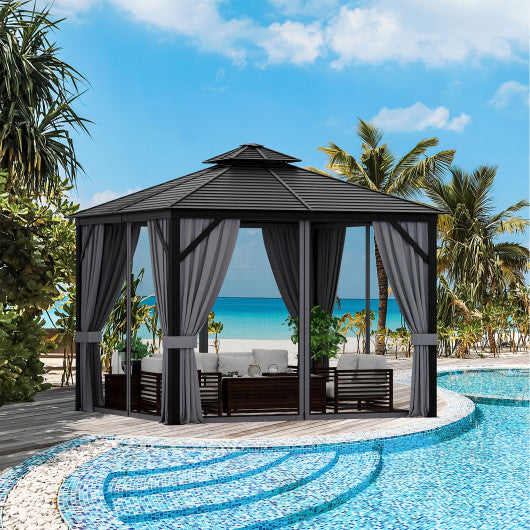 10 x 10 Feet Double-Top Hardtop Gazebo with Galvanized Steel Roof-Brown