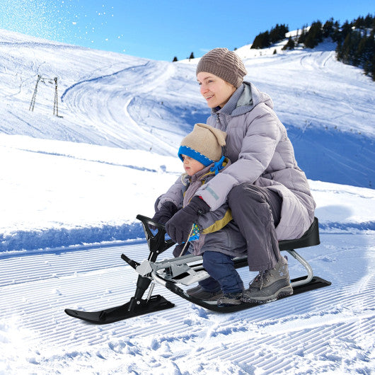 Kids Snow Sled with Steering Wheel and Double Brakes Pull Rope-Black