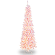 Load image into Gallery viewer, 7 Feet Pre-Lit Snow Flocked Hinged Pencil Christmas Tree with 300 Lights and 8 Modes
