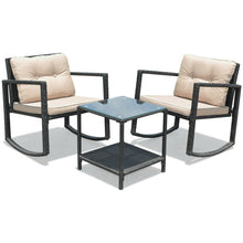 Load image into Gallery viewer, 3 Pcs Wicker Rocking Bistro Set with Glass Coffee Table and Storage Shelf-Beige
