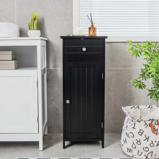 Wooden Bathroom Floor Storage Cabinet with Drawer and Shelf-Black