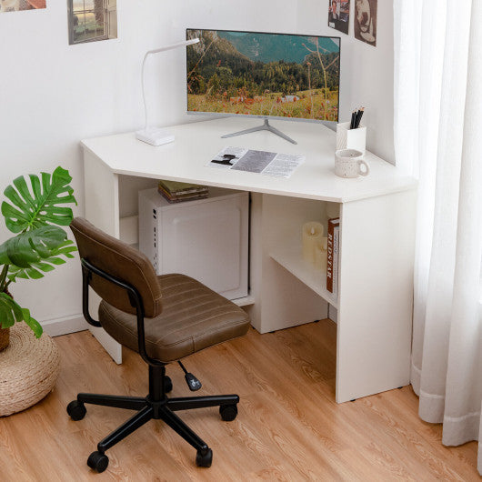 Corner Computer Desk Triangle Writing Workstation with Storage Shelf-White