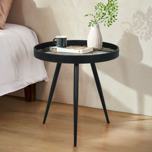 Round Modern End Table with Wooden Tray Top-Black