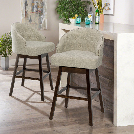 Set of 2 Swivel Bar Stools Tufted Bar Height Pub Chairs with Rubber Wood Legs-Beige