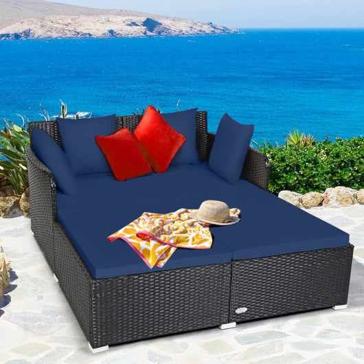 Outdoor Patio Rattan Daybed Thick Pillows Cushioned Sofa Furniture-Navy