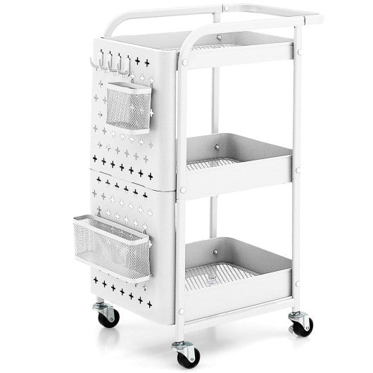 3-Tier Utility Storage Cart with DIY Pegboard Baskets-White