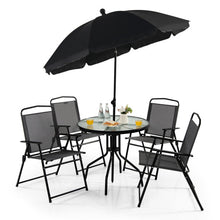 Load image into Gallery viewer, 6 Pieces Patio Dining Set Folding Chairs Glass Table Tilt Umbrella for Garden-Black
