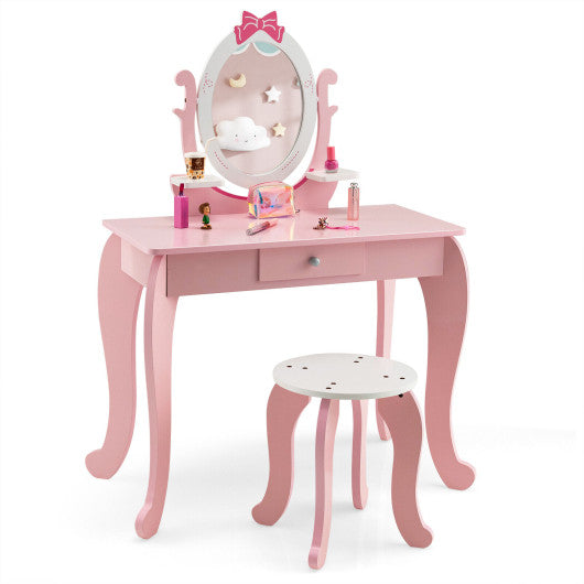 Kid Vanity Table Stool Set with Oval Rotatable Mirror-Pink