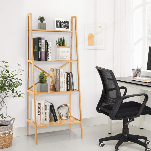 58 Inch 4-Tier Bamboo Ladder Bookshelf-Natural
