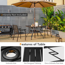 Load image into Gallery viewer, 3 pieces Patio Dining Set Stackable Chairs Armrest Table with Umbrella Hole
