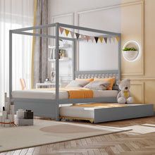 Load image into Gallery viewer, Full Size Canopy Bed with Trundle Wooden Platform Bed Frame Headboard-Gray
