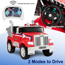 Load image into Gallery viewer, 12V Licensed Freightliner Kids Ride On Truck Car with Dump Box and Lights -Red
