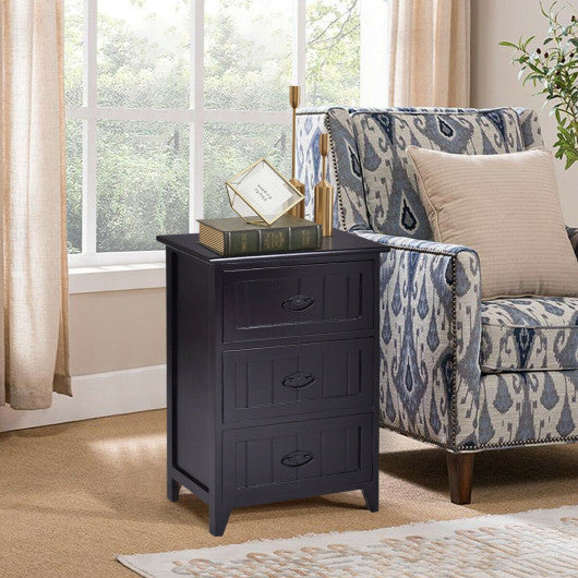3 Drawers End Storage Wood Side Nightstand-Black