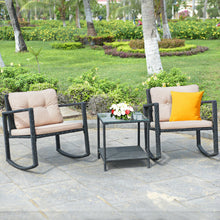 Load image into Gallery viewer, 3 Pcs Wicker Rocking Bistro Set with Glass Coffee Table and Storage Shelf-Beige
