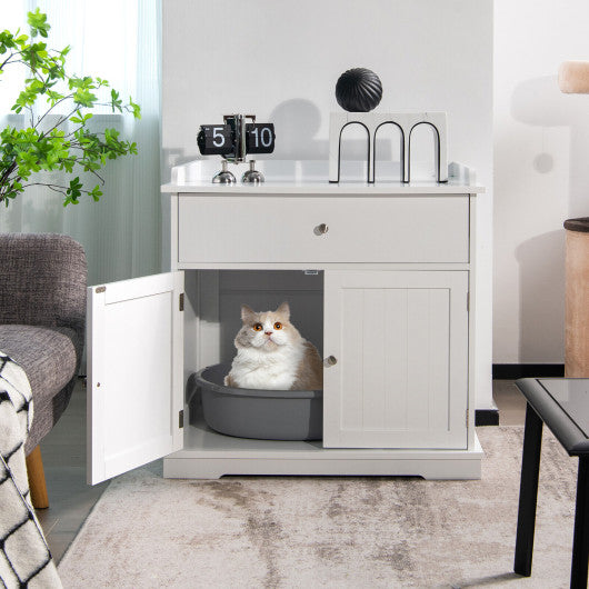 Wooden Cat Litter Box Enclosure with Drawer Side Table Furniture-White