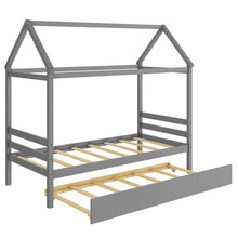 Load image into Gallery viewer, Twin House Bed Frame with Trundle Roof Wooden Platform Mattress Foundation-Gray
