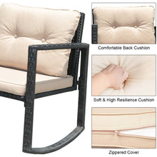 Load image into Gallery viewer, 3 Pcs Wicker Rocking Bistro Set with Glass Coffee Table and Storage Shelf-Beige
