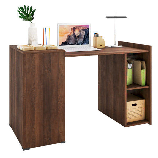 Extendable Computer Desk for Small Space with Mobile Shelves-Brown