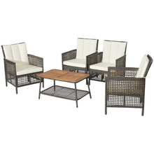 Load image into Gallery viewer, 5 Pieces Patio Rattan Furniture Set Cushioned Sofa Armrest Wooden Tabletop-Off White
