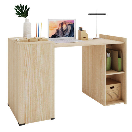Extendable Computer Desk for Small Space with Mobile Shelves-Natural