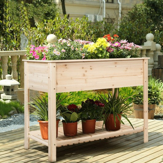 Elevated Wood Planter Box Stand with Storage Shelf