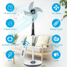 Load image into Gallery viewer, 15&quot; 4 Blades 3-Speed Height Adjustable Remote Control Pedestal Fan
