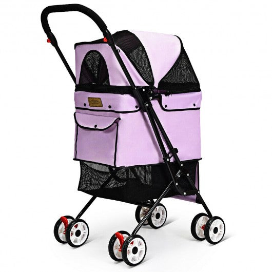 Pet Foldable Cage Stroller For Cat And Dog-Pink